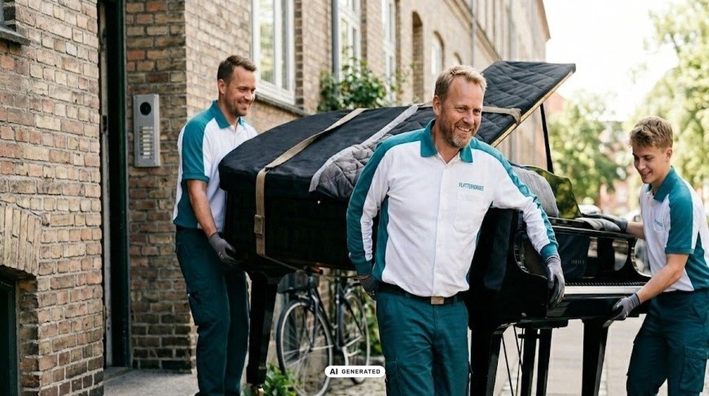 3 glade flyttemænd med flygel klar til flytning