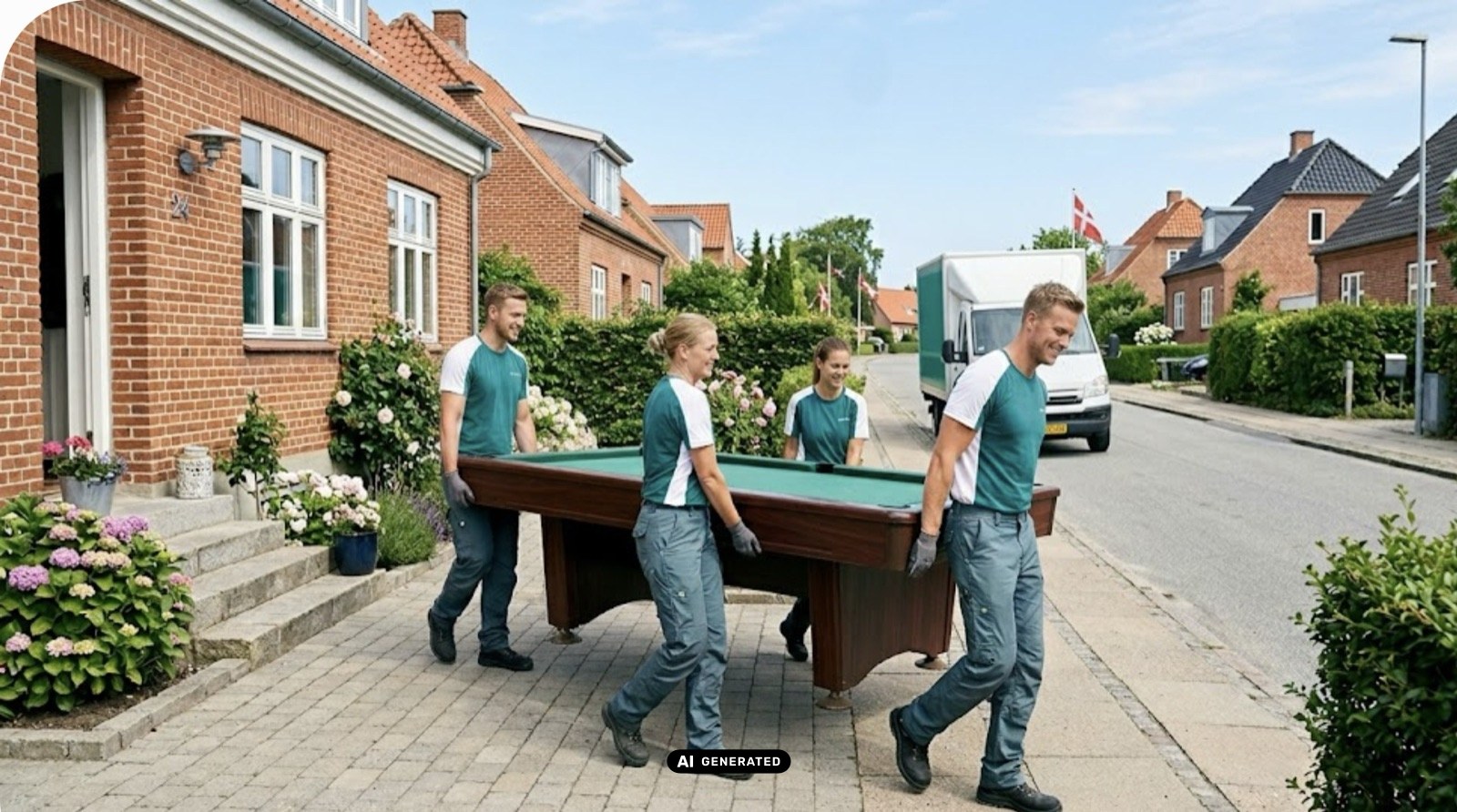 4 flyttemænd der bærer et billardbord.
