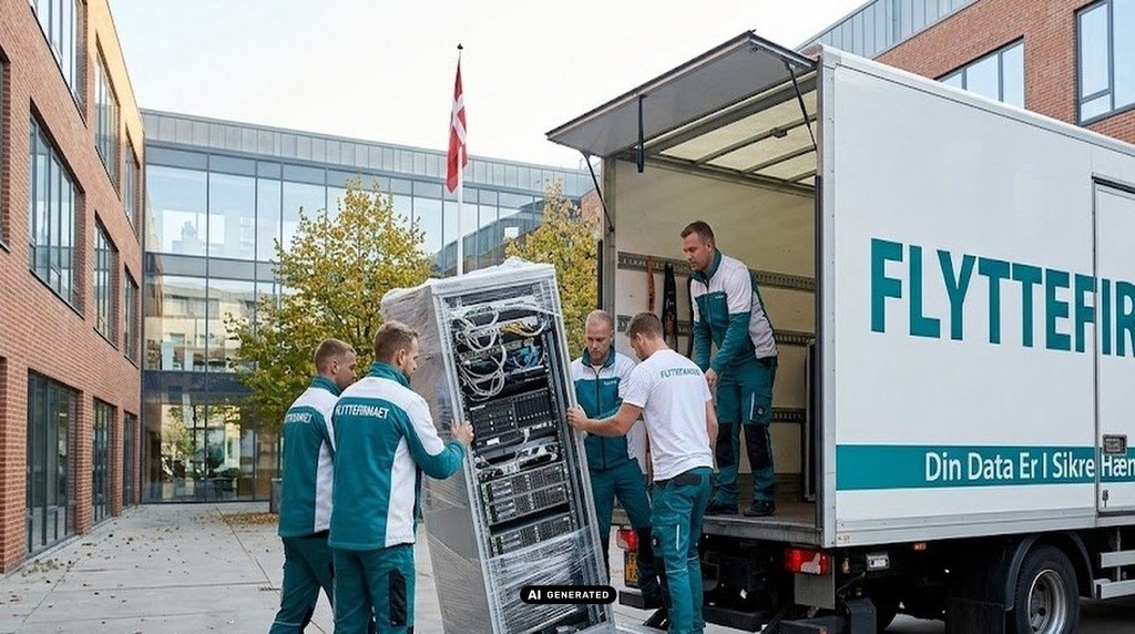 Fem mand flytter datarack og serverrack i erhvervsflytning