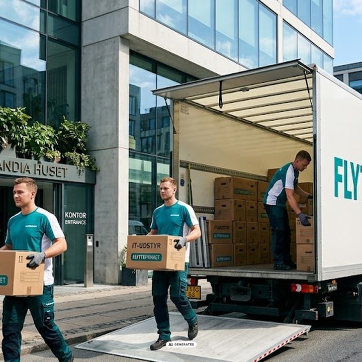 Firmaflytning i København hvor flyttemænd læsser kasser med IT-udstyr fra kontorbygning ind i flyttebilen