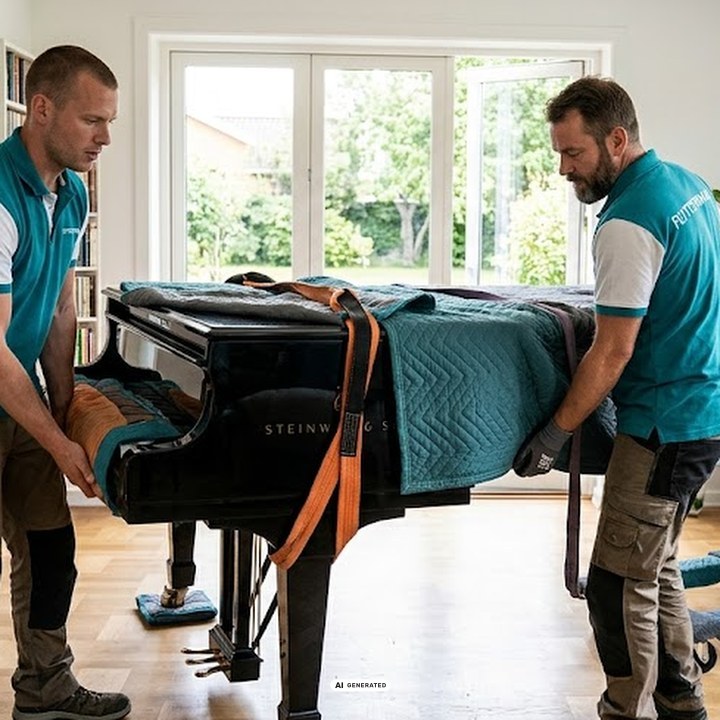 Klaverflytning hvor to erfarne flyttemænd løfter et Steinway-flygel indpakket i flyttetæpper og seler
