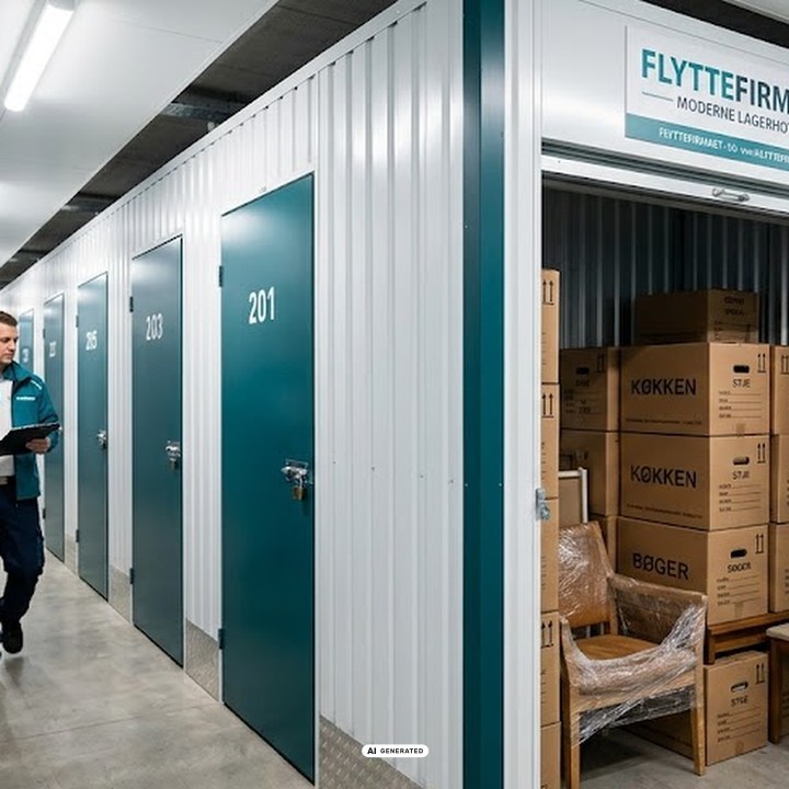 Opbevaring på moderne lagerhotel med aflåste depotrum og flyttekasser klar til opmagasinering