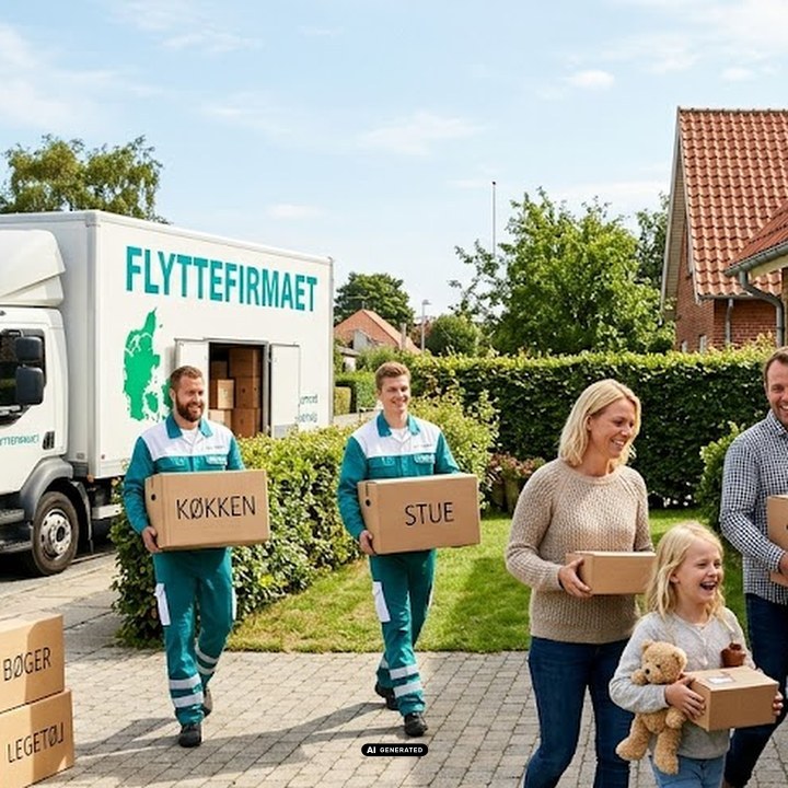 Privatflytning hvor flyttemænd bærer flyttekasser fra flyttebilen ind til en glad familie foran deres hus