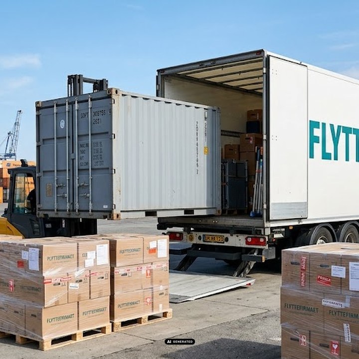 Shipping af flyttegods på paller der læsses fra container til lastbil med gaffeltruck på havnen