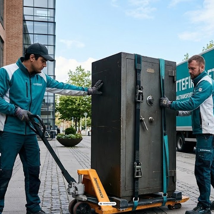 Specialtransport af tungt pengeskab fastspændt på palleløfter med to professionelle flyttemænd