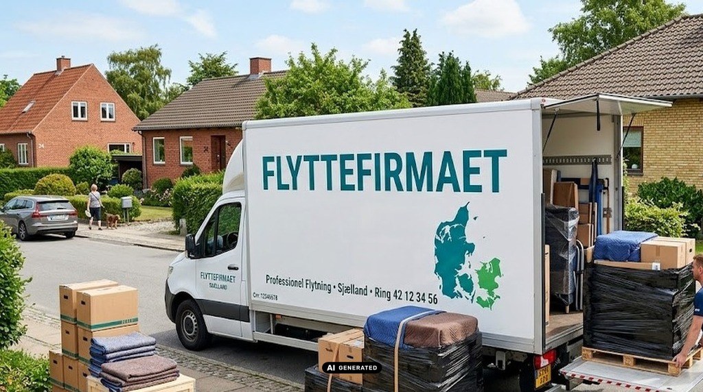 Flytning pakket på paller og i sort film og tæpper. Paller sat på specialt bygget lastbil fra Flyttefirma Vanløse