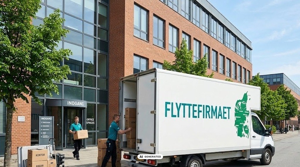 Flyttebil foran stort firma i gang med erhvervsflytning
