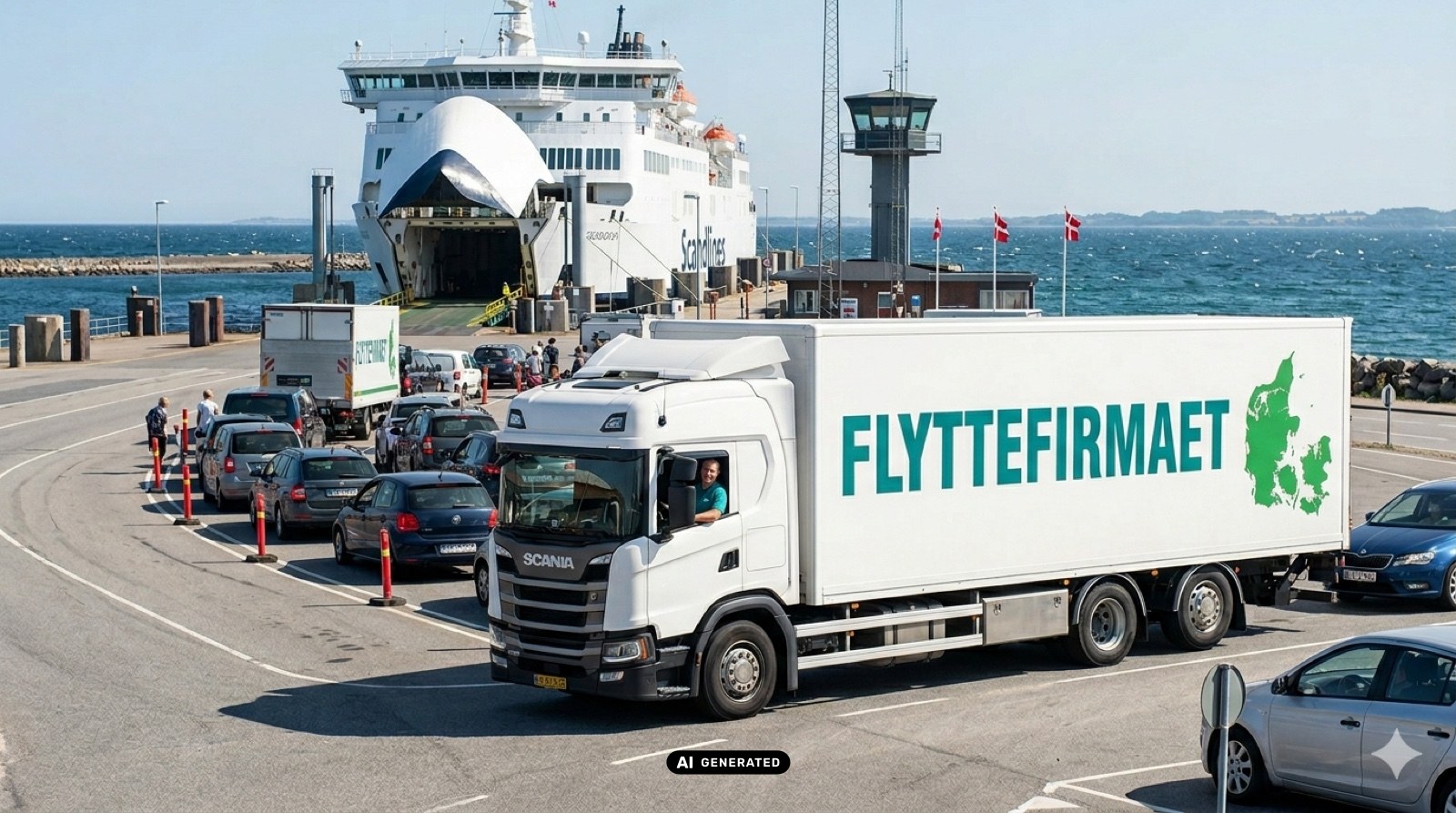 Flyttebil fra Flyttefirmaet ved færgehavn klar til udlandsflytning