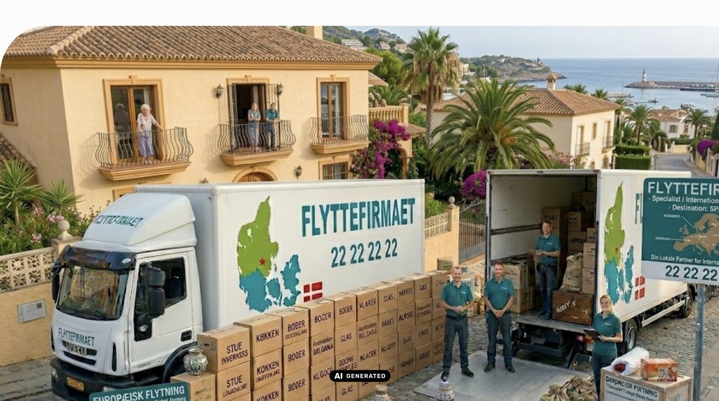 Flyttebil ved hus i Spanien