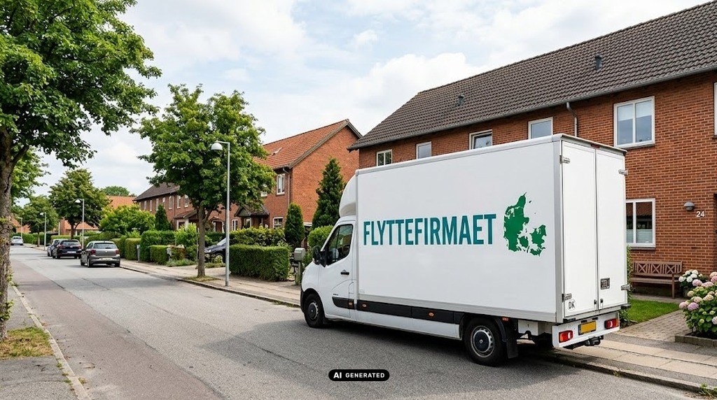Flyttefirma Nivå flyttebil parkeret foran et rækkehus