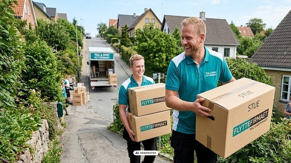 Flyttemand igang med at bære Flyttekasser ned af en stegl bakke.