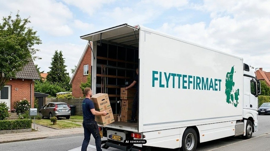 Flyttemand igang med at bære flyttekasser på lastbil