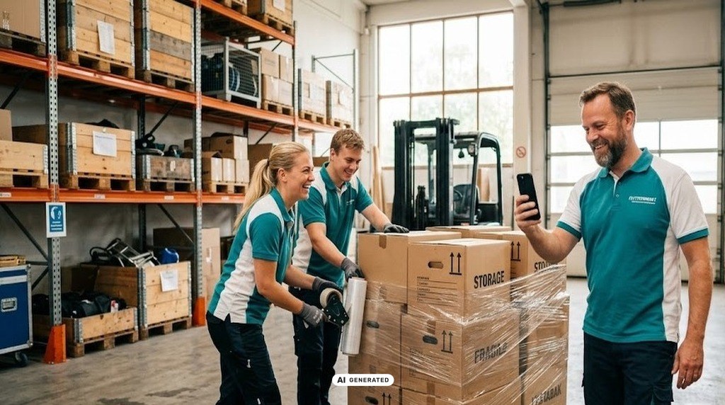 Glad flyttemand filmer palle på lager
