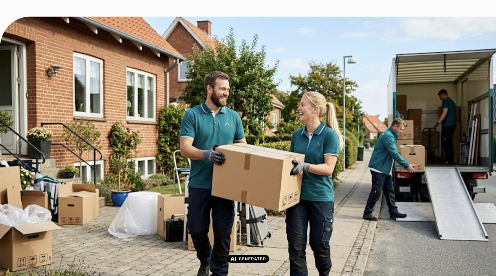 Her ses flyttemand igang med nedpakning af hus