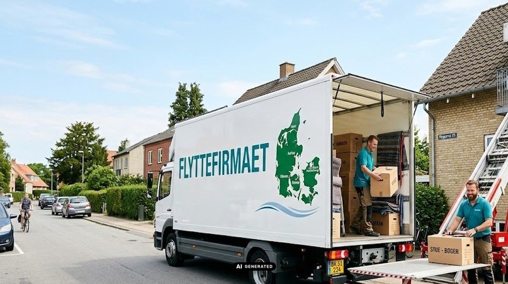Her ses glad flyttemand på flyttebil ved siden af en flyttelift.