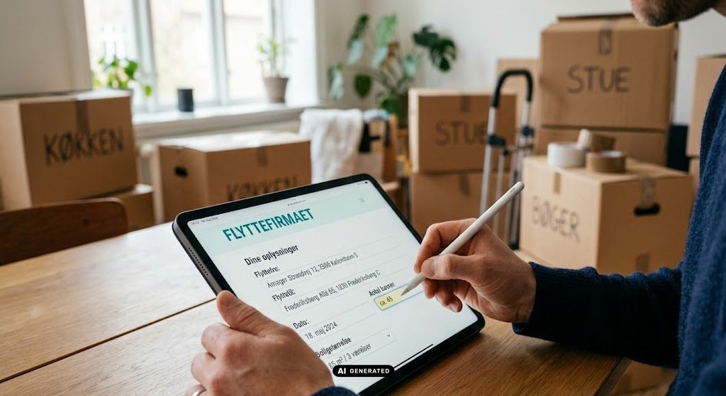 Kunde udfylder flytteforespørgsel på tablet omgivet af pakkede flyttekasser, første skridt mod et flyttetilbud