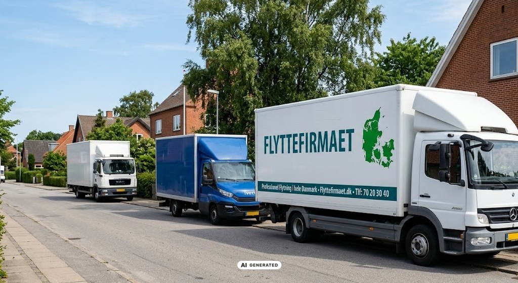 Flere flyttebiler fra flyttefirmaer holder klar i et dansk villakvarter, symbol på konkurrerende flyttetilbud