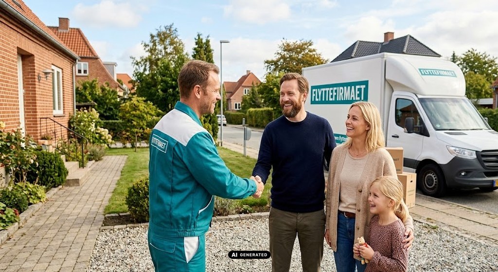 Flyttemand giver hånd til familien efter valg af flyttefirma, flyttebilen holder klar i indkørslen