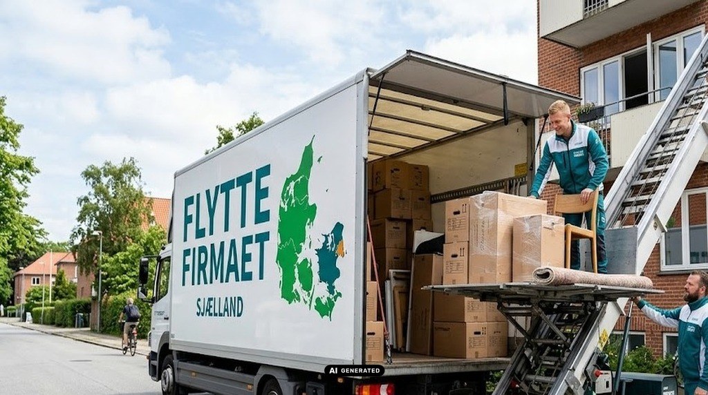Lasbil fra Flyttefirmaet.dk igang med at blive læset med flyttelift.